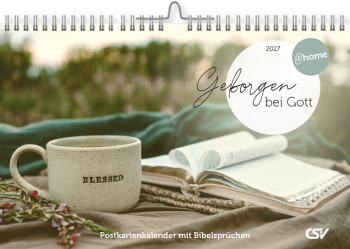 Christlicher Aufstellkalender 2027 mit Bibelversen, Naturmotiven und 12 abtrennbaren Postkarten.