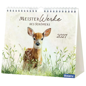 Tischkalender „MeisterWerke des Schöpfers“ 2027 mit nostalgischer Naturzeichnung und Bibelvers