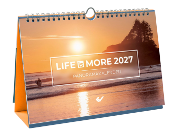 Evangelistischer Wand- und Aufstellkalender 2027 mit farbigen Bildern, Bibelversen, Spiralbindung und integriertem Aufsteller.