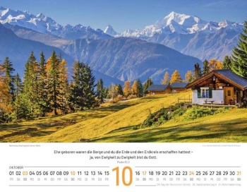 Schweizer Bildkalender mit Bergmotiven, Landschaftsaufnahmen und Bibelversen als Wandkalender im Querformat.