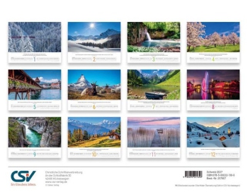 Schweizer Bildkalender mit Bergmotiven, Landschaftsaufnahmen und Bibelversen als Wandkalender im Querformat.
