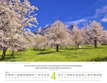 Schweizer Bildkalender mit Bergmotiven, Landschaftsaufnahmen und Bibelversen als Wandkalender im Querformat.