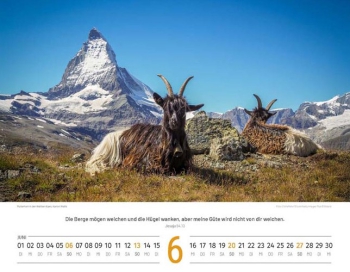 Schweizer Bildkalender mit Bergmotiven, Landschaftsaufnahmen und Bibelversen als Wandkalender im Querformat.