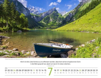 Schweizer Bildkalender mit Bergmotiven, Landschaftsaufnahmen und Bibelversen als Wandkalender im Querformat.