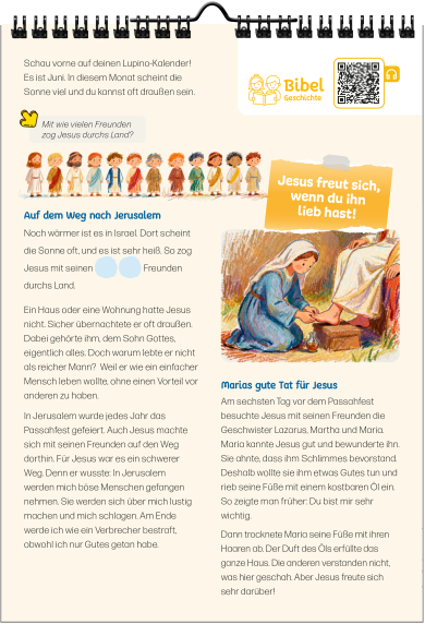 Lupino 2027 – Kinderkalender zum Malen, Rätseln und Basteln mit Ausmalbildern, Bibelgeschichten und Spiralbindung.