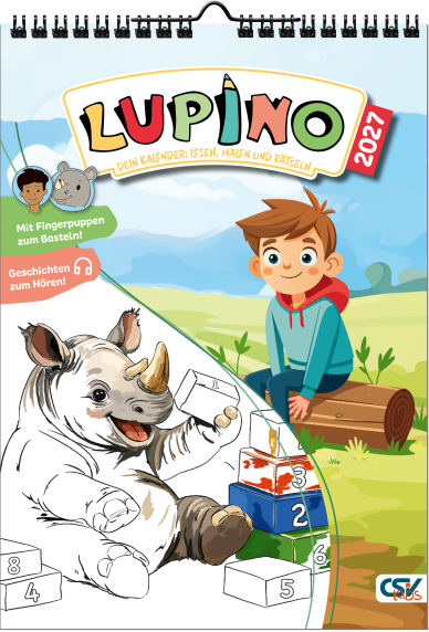 Lupino 2027 – Kinderkalender zum Malen, Rätseln und Basteln mit Ausmalbildern, Bibelgeschichten und Spiralbindung.