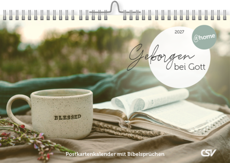 Christlicher Aufstellkalender 2027 mit Bibelversen, Naturmotiven und 12 abtrennbaren Postkarten.