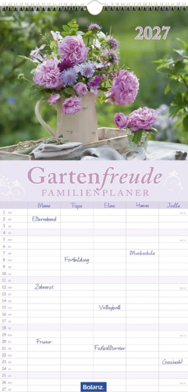 Familienplaner Gartenfreude 2027, 5-spaltiger Wandkalender mit Blumen- und Gartenmotiven, Bibelworten, Schulferien und Jahresvorschau