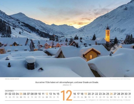 Schweizer Bildkalender mit Bergmotiven, Landschaftsaufnahmen und Bibelversen als Wandkalender im Querformat.
