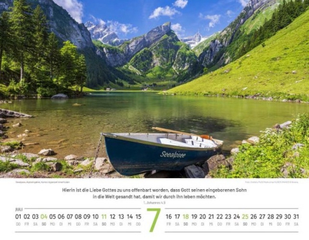 Schweizer Bildkalender mit Bergmotiven, Landschaftsaufnahmen und Bibelversen als Wandkalender im Querformat.